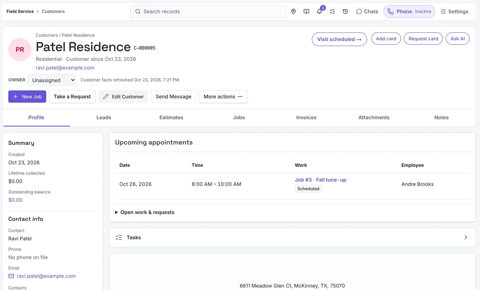 A customer record in M1COS Field Service showing an upcoming tune-up visit and tabs for leads, estimates, jobs, and invoices