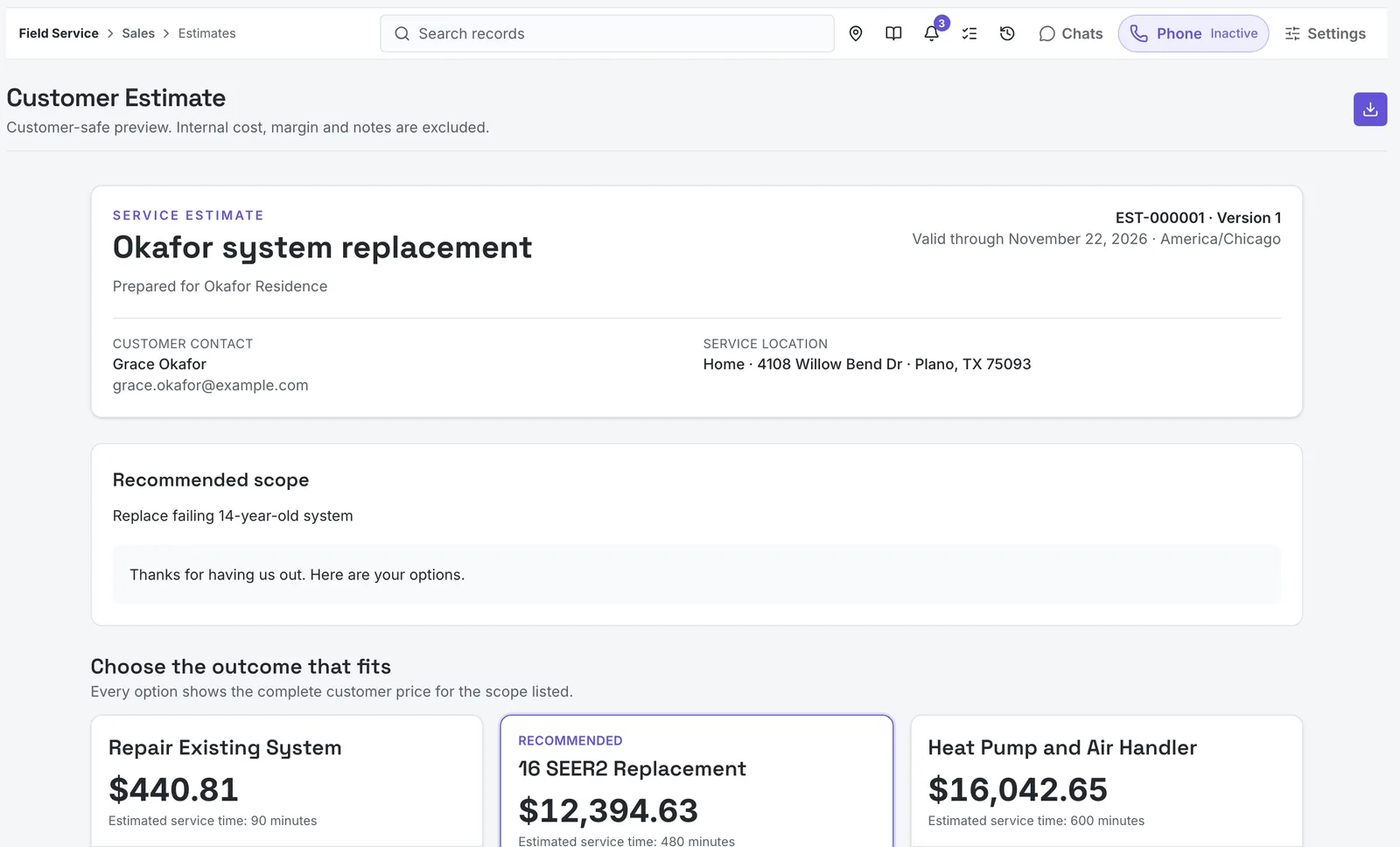 A customer estimate in M1COS with three options: repair the existing system, a recommended 16 SEER2 replacement, and a heat pump with air handler