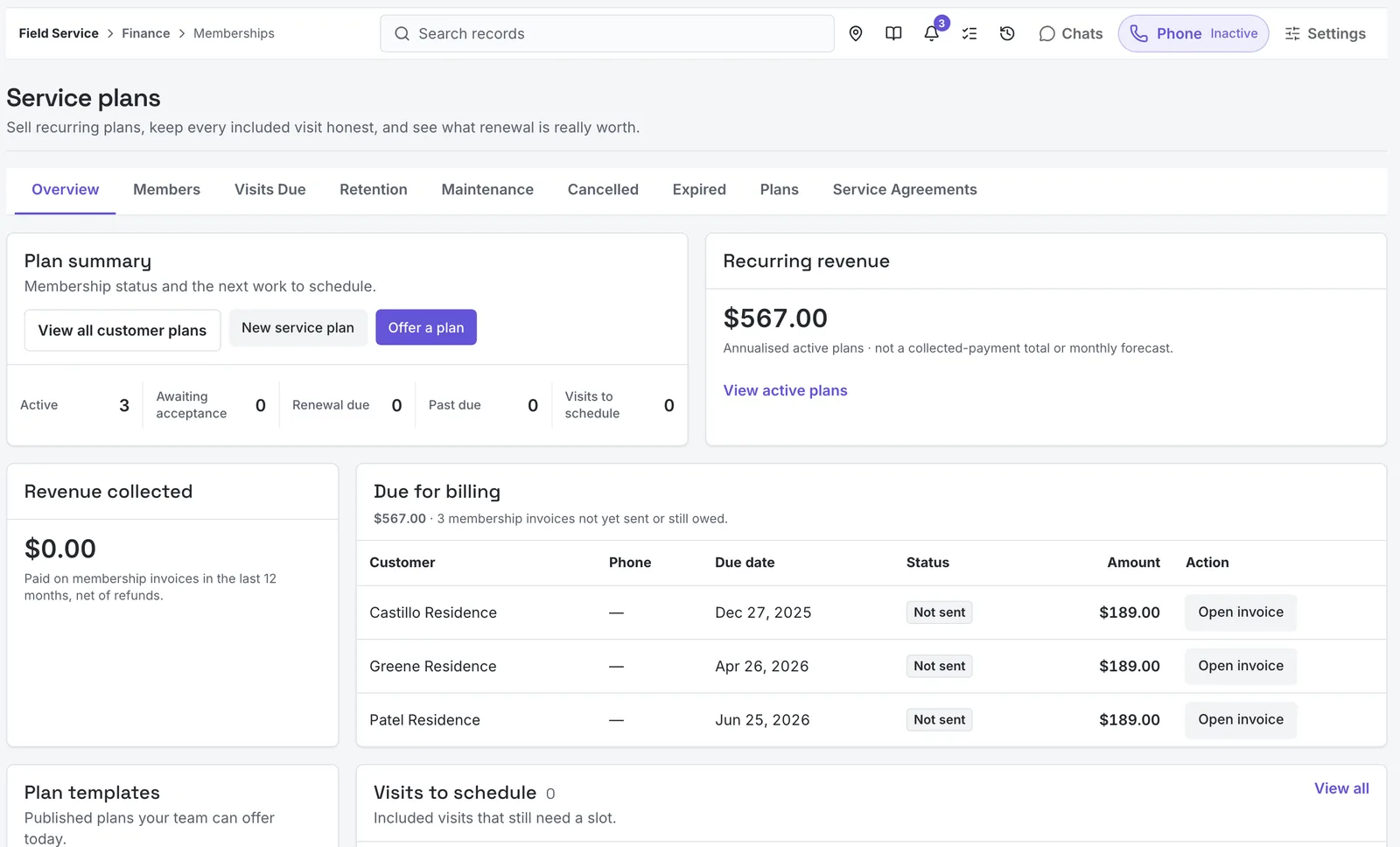 The M1COS Service Plans overview with plan summary, recurring revenue, revenue collected, and plan invoices due for billing