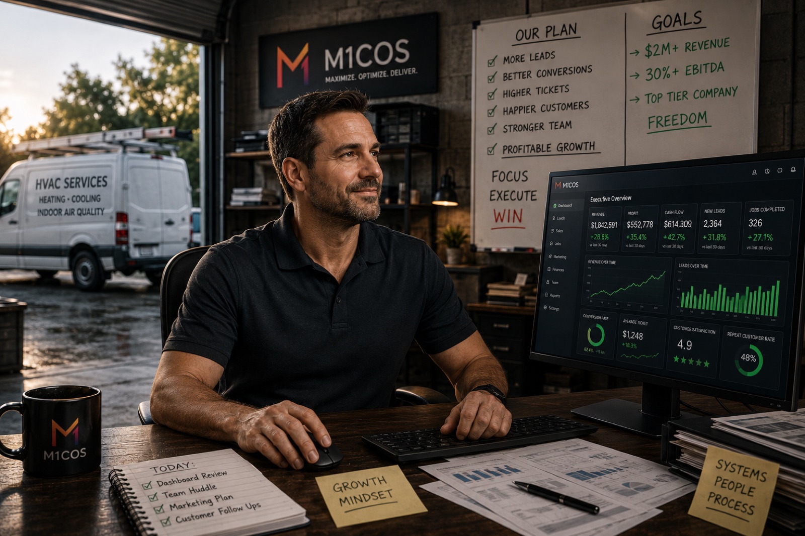 The same owner, calm and in control after implementing M1COS — a clean executive dashboard showing revenue, profit, cash flow, and leads