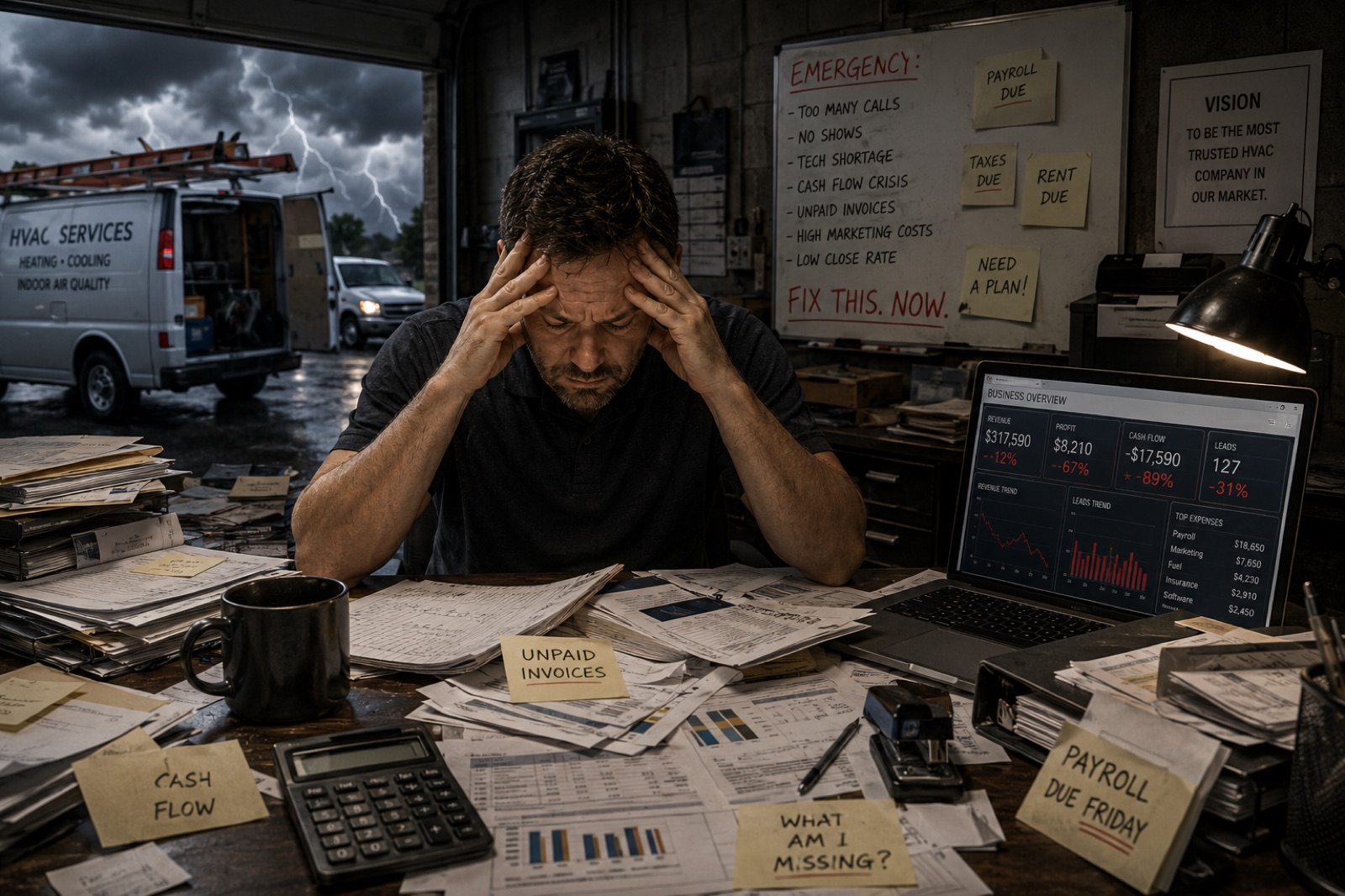 A home services owner overwhelmed at a cluttered desk before M1COS — unpaid invoices, cash-flow crisis, and an emergency whiteboard